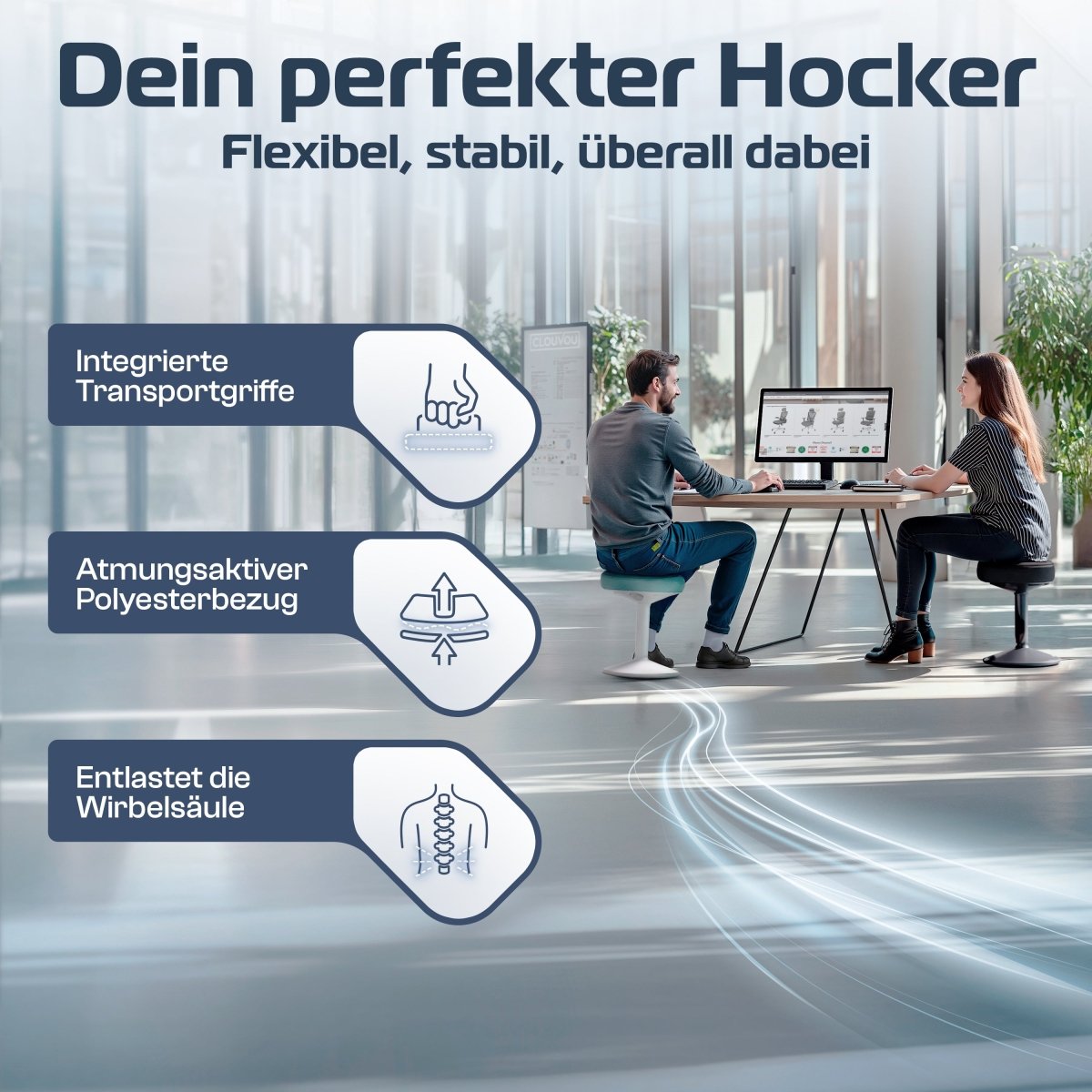 CLOUVOU Nexus - ergonomischer Hocker „Eine stilvolle neue Art des Sitzens“ - Clouvou#farbe_grau